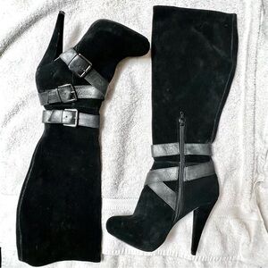 ALDO black suede knee strappy buckle heel boots women size 36